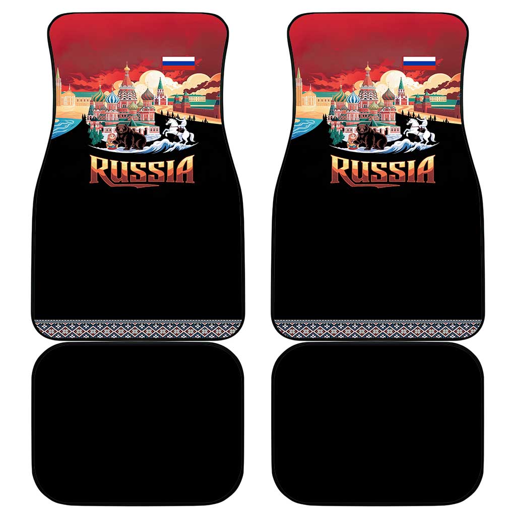 Russia Flag Red and Black Pullover Car Mats with Moscow Skyline Bear and Horse Design