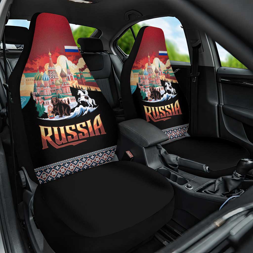 Russia Flag Red and Black Pullover Car Seat Cover with Moscow Skyline Bear and Horse Design