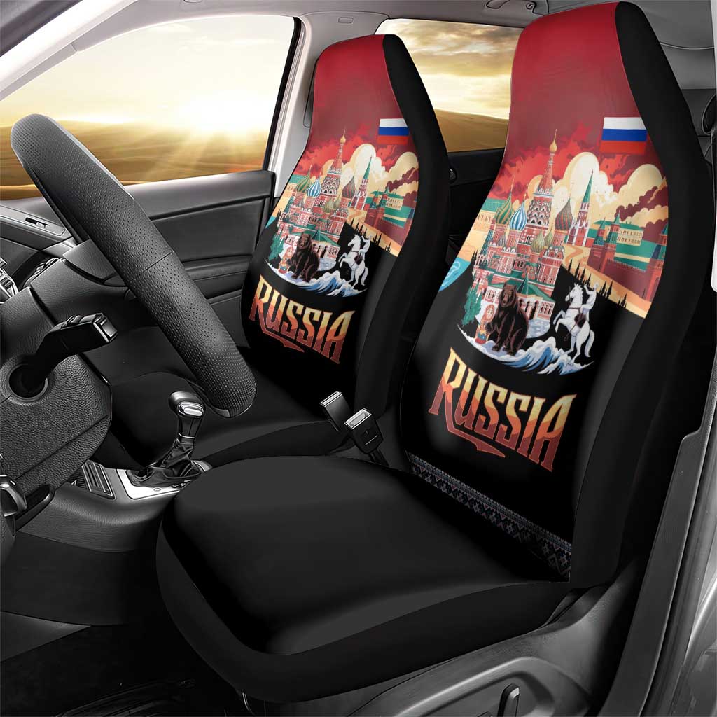 Russia Flag Red and Black Pullover Car Seat Cover with Moscow Skyline Bear and Horse Design