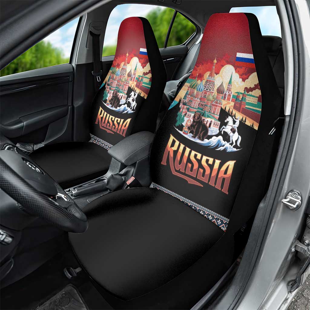 Russia Flag Red and Black Pullover Car Seat Cover with Moscow Skyline Bear and Horse Design