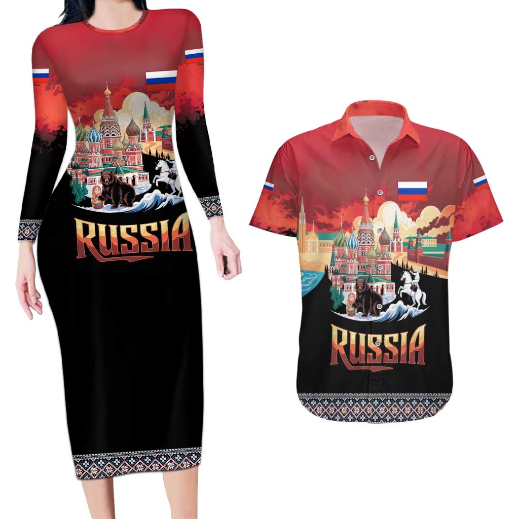 Russia Flag Red and Black Pullover Couples Matching Long Sleeve Bodycon Dress and Hawaiian Shirt with Moscow Skyline Bear and Horse Design