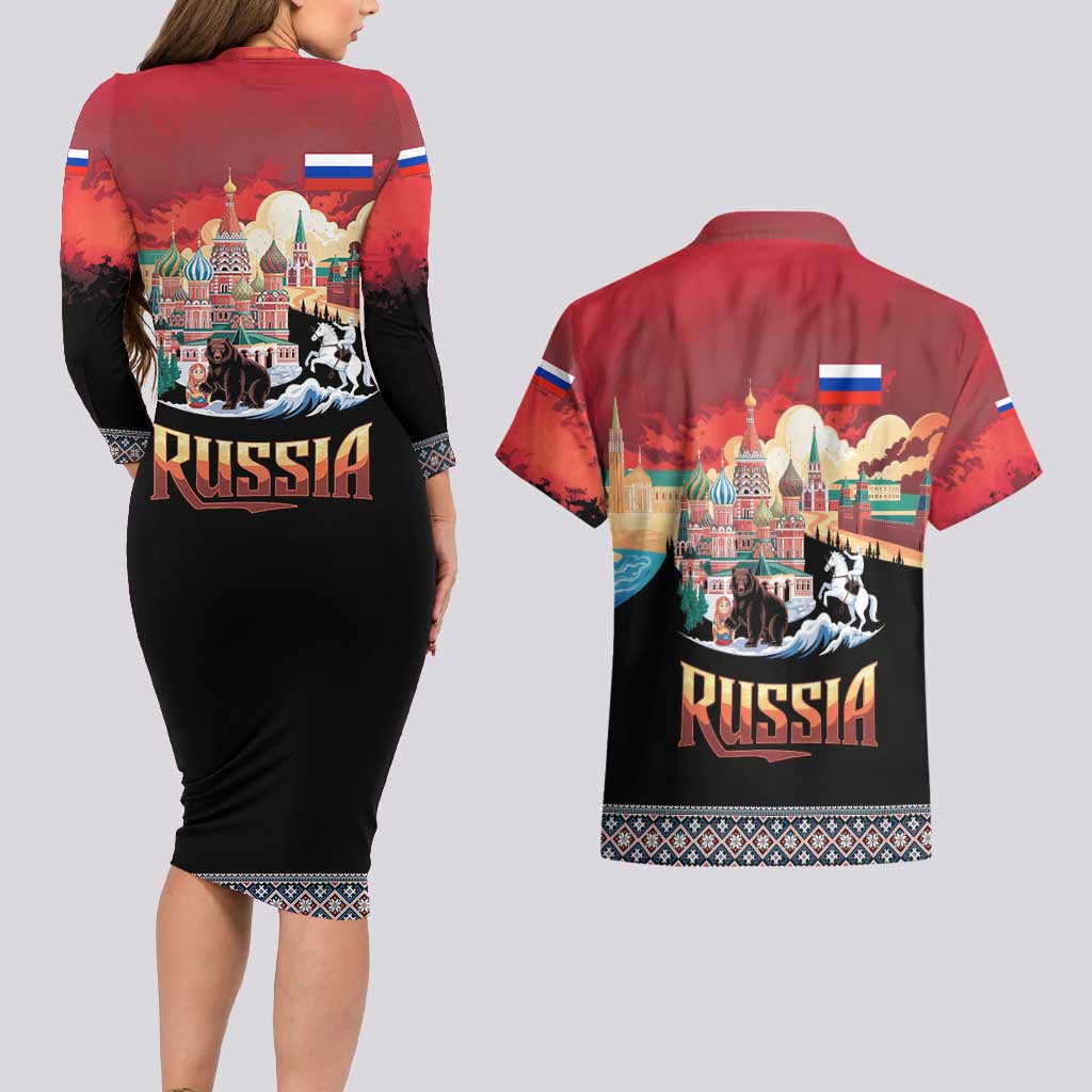 Russia Flag Red and Black Pullover Couples Matching Long Sleeve Bodycon Dress and Hawaiian Shirt with Moscow Skyline Bear and Horse Design