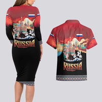 Russia Flag Red and Black Pullover Couples Matching Long Sleeve Bodycon Dress and Hawaiian Shirt with Moscow Skyline Bear and Horse Design