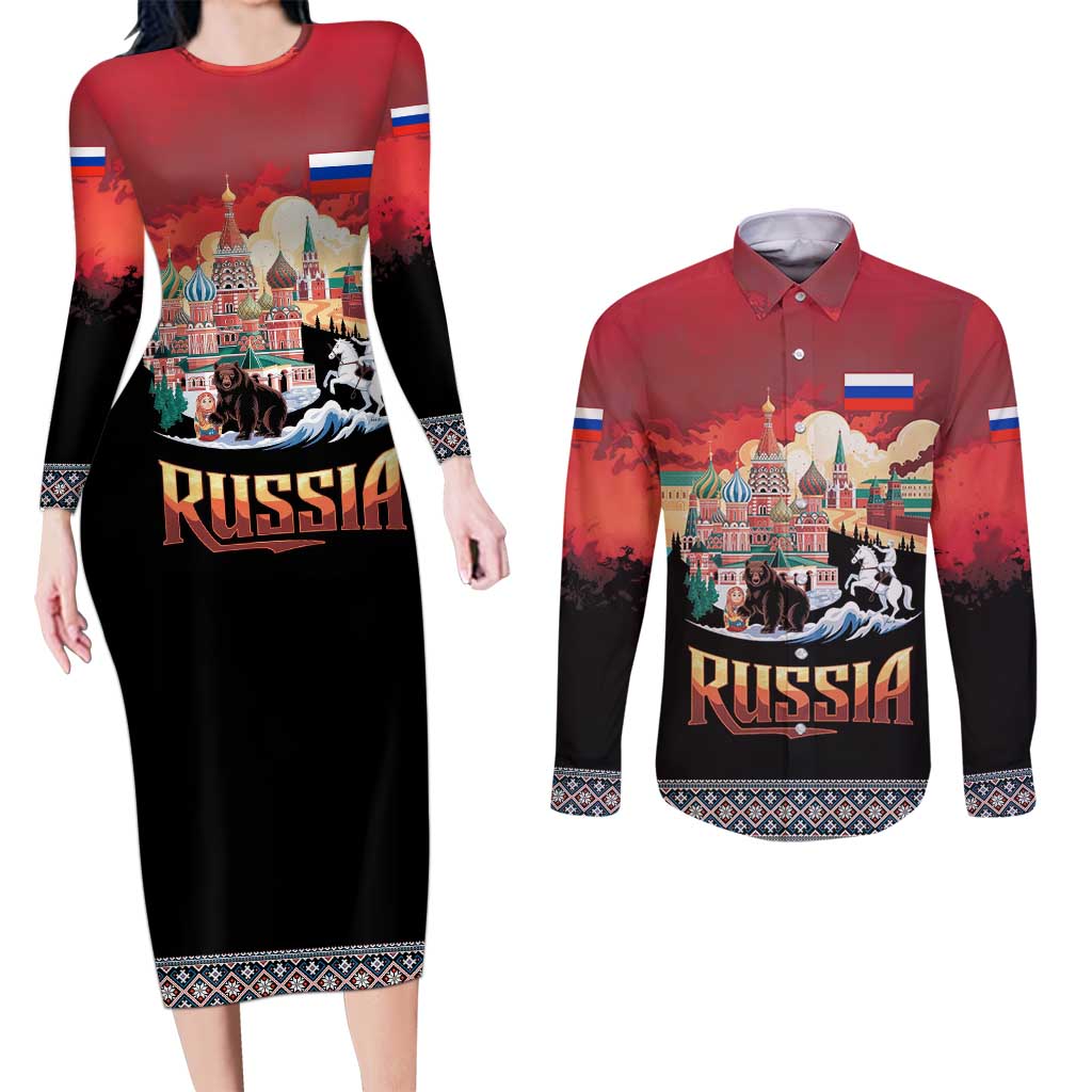 Russia Flag Red and Black Pullover Couples Matching Long Sleeve Bodycon Dress and Long Sleeve Button Shirt with Moscow Skyline Bear and Horse Design