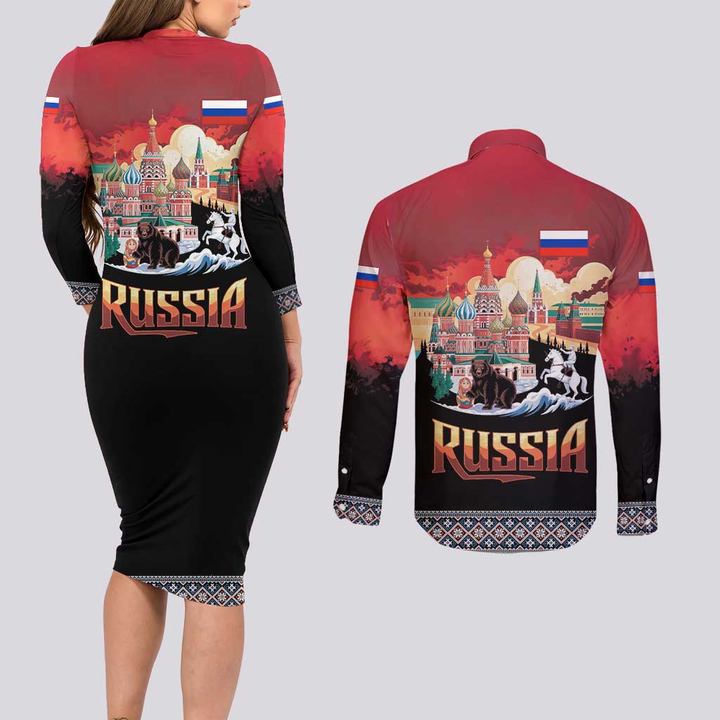 Russia Flag Red and Black Pullover Couples Matching Long Sleeve Bodycon Dress and Long Sleeve Button Shirt with Moscow Skyline Bear and Horse Design