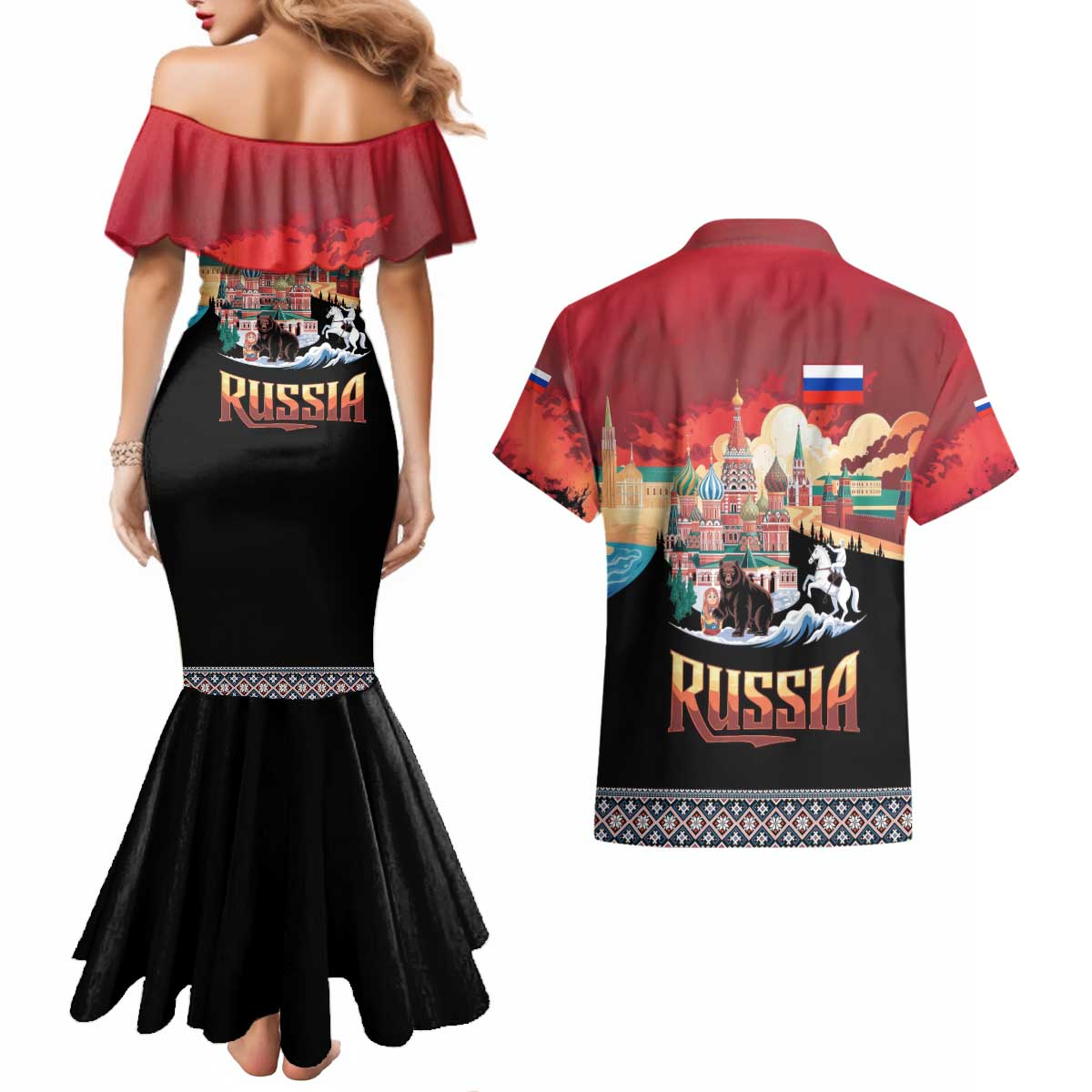 Russia Flag Red and Black Pullover Couples Matching Mermaid Dress and Hawaiian Shirt with Moscow Skyline Bear and Horse Design