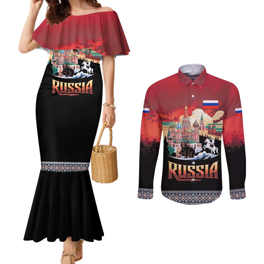 Russia Flag Red and Black Pullover Couples Matching Mermaid Dress and Long Sleeve Button Shirt with Moscow Skyline Bear and Horse Design
