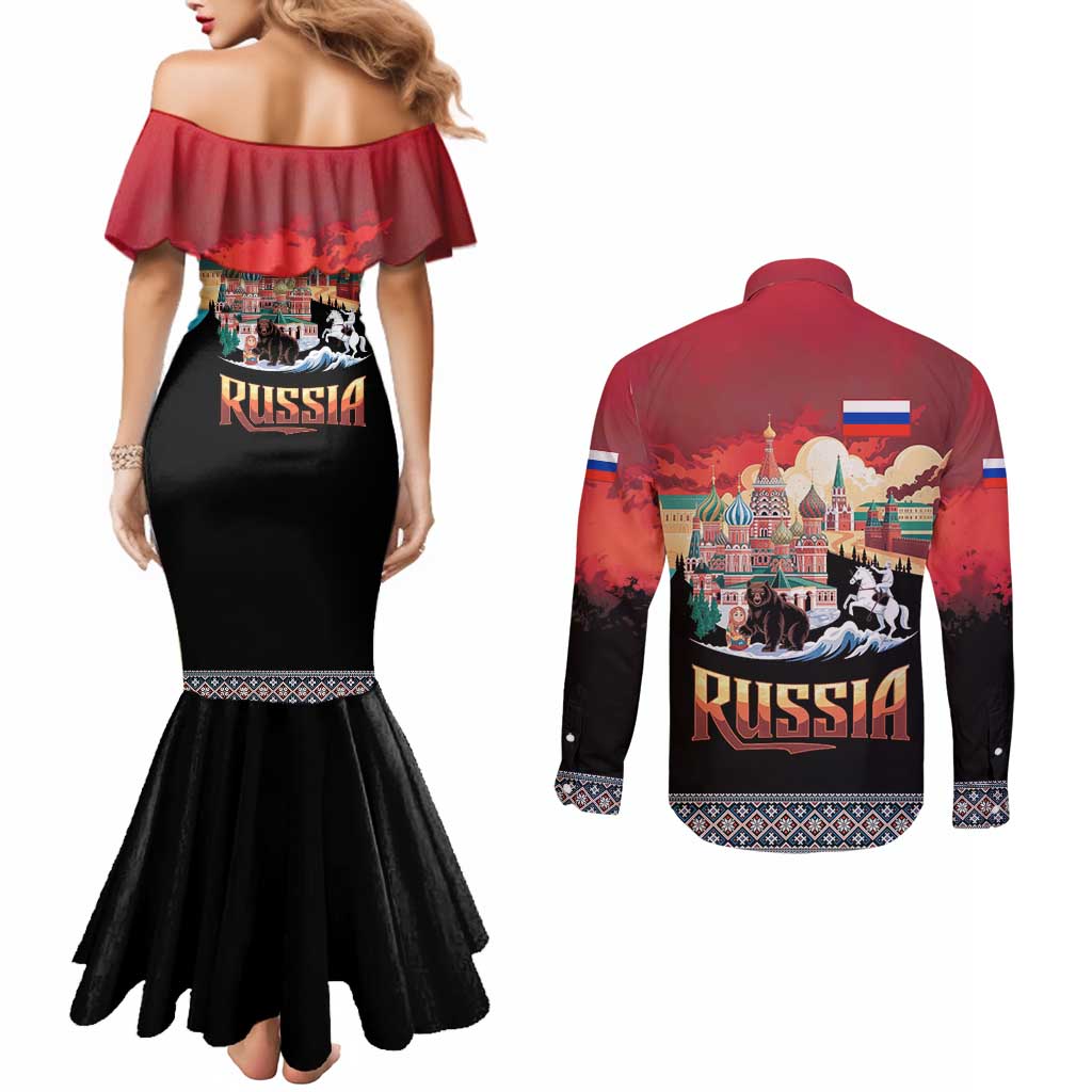 Russia Flag Red and Black Pullover Couples Matching Mermaid Dress and Long Sleeve Button Shirt with Moscow Skyline Bear and Horse Design