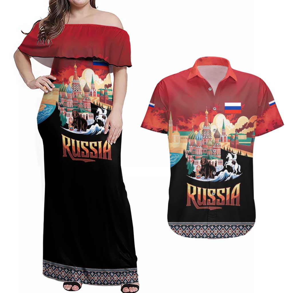 Russia Flag Red and Black Pullover Couples Matching Off Shoulder Maxi Dress and Hawaiian Shirt with Moscow Skyline Bear and Horse Design