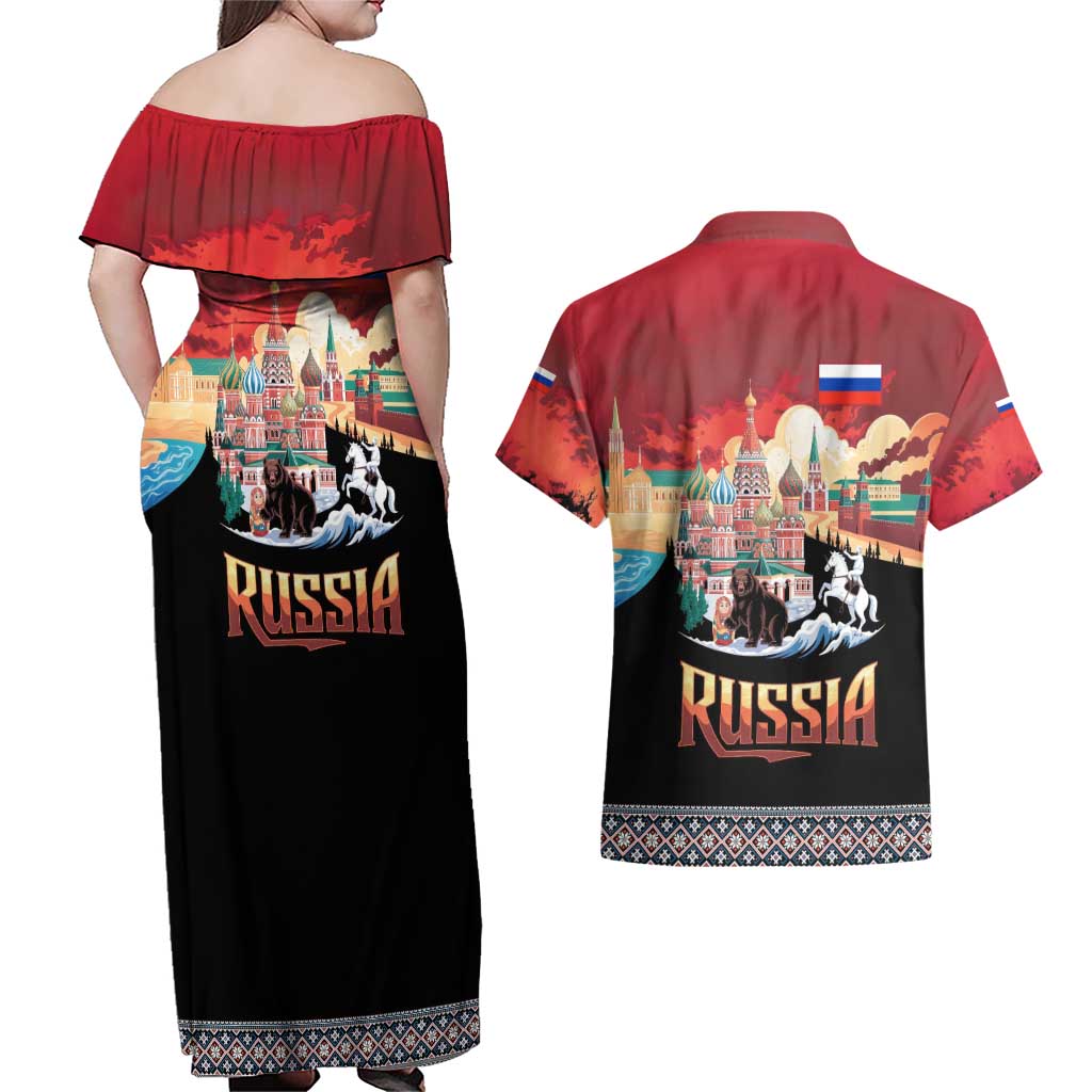 Russia Flag Red and Black Pullover Couples Matching Off Shoulder Maxi Dress and Hawaiian Shirt with Moscow Skyline Bear and Horse Design