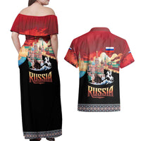 Russia Flag Red and Black Pullover Couples Matching Off Shoulder Maxi Dress and Hawaiian Shirt with Moscow Skyline Bear and Horse Design
