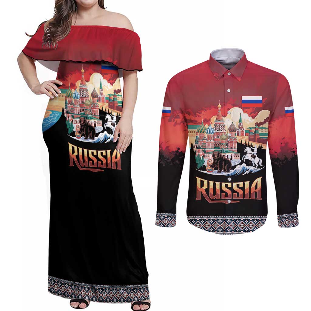 Russia Flag Red and Black Pullover Couples Matching Off Shoulder Maxi Dress and Long Sleeve Button Shirt with Moscow Skyline Bear and Horse Design