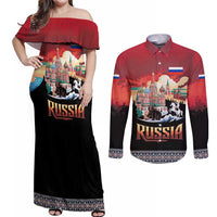 Russia Flag Red and Black Pullover Couples Matching Off Shoulder Maxi Dress and Long Sleeve Button Shirt with Moscow Skyline Bear and Horse Design