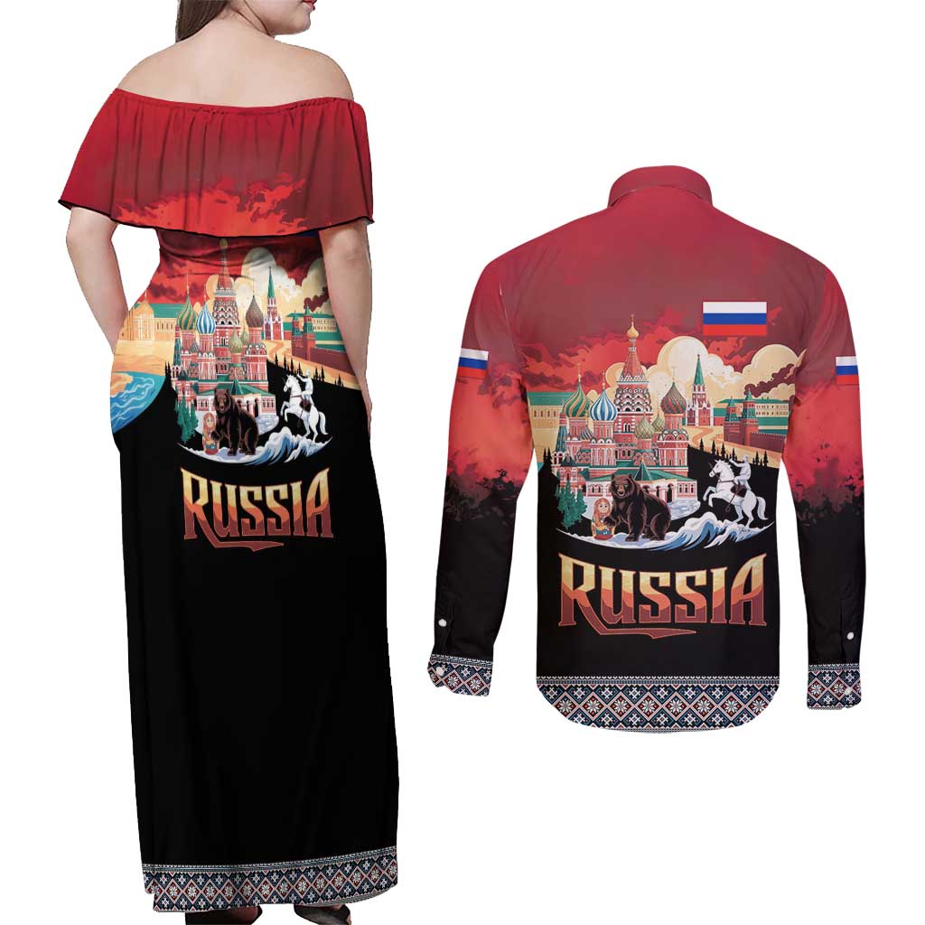 Russia Flag Red and Black Pullover Couples Matching Off Shoulder Maxi Dress and Long Sleeve Button Shirt with Moscow Skyline Bear and Horse Design