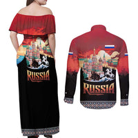 Russia Flag Red and Black Pullover Couples Matching Off Shoulder Maxi Dress and Long Sleeve Button Shirt with Moscow Skyline Bear and Horse Design