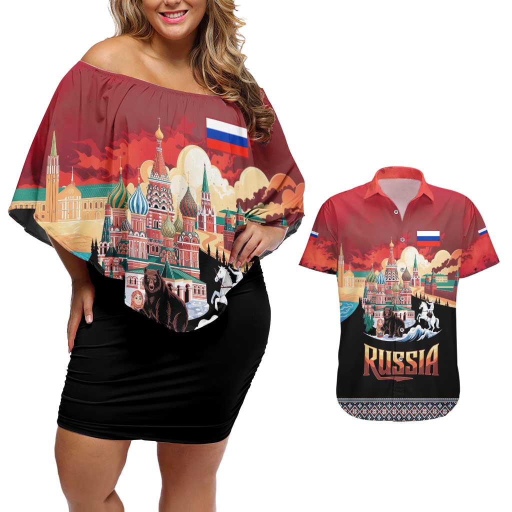 Russia Flag Red and Black Pullover Couples Matching Off Shoulder Short Dress and Hawaiian Shirt with Moscow Skyline Bear and Horse Design