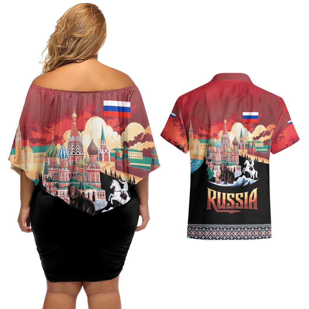 Russia Flag Red and Black Pullover Couples Matching Off Shoulder Short Dress and Hawaiian Shirt with Moscow Skyline Bear and Horse Design