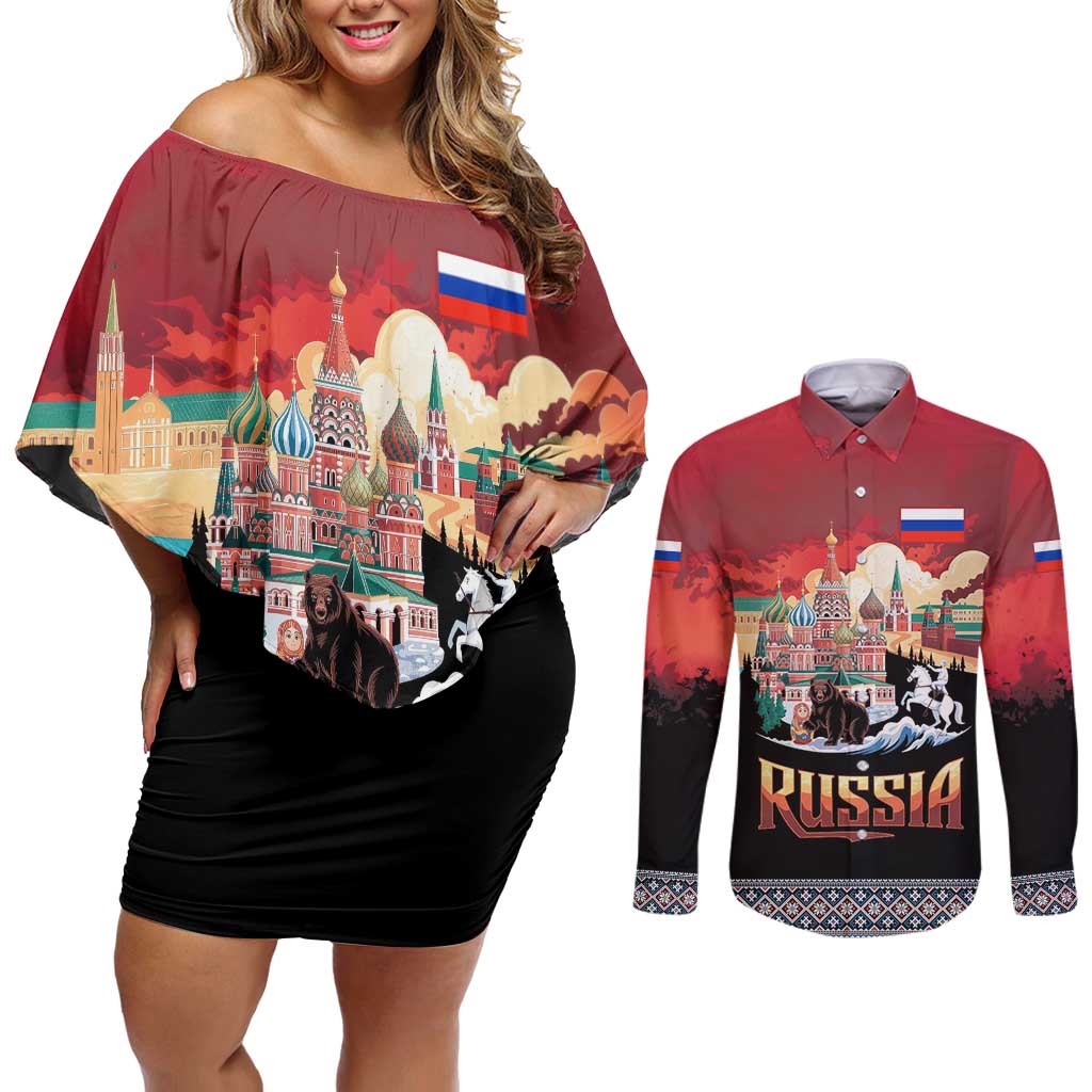 Russia Flag Red and Black Pullover Couples Matching Off Shoulder Short Dress and Long Sleeve Button Shirt with Moscow Skyline Bear and Horse Design