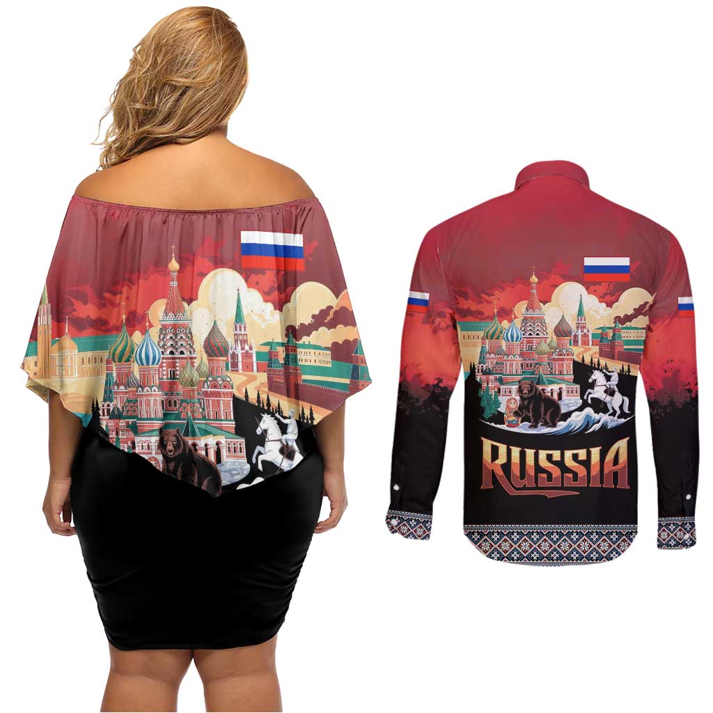 Russia Flag Red and Black Pullover Couples Matching Off Shoulder Short Dress and Long Sleeve Button Shirt with Moscow Skyline Bear and Horse Design