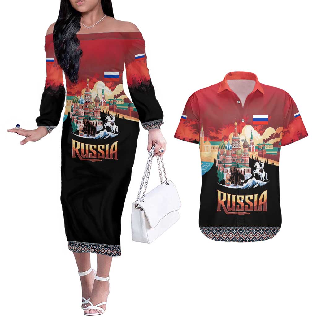 Russia Flag Red and Black Pullover Couples Matching Off The Shoulder Long Sleeve Dress and Hawaiian Shirt with Moscow Skyline Bear and Horse Design