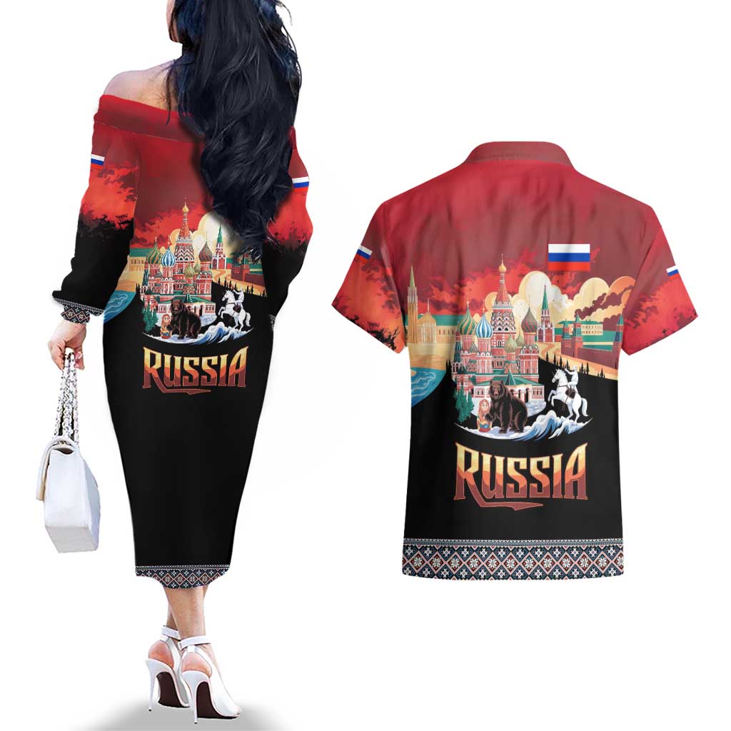Russia Flag Red and Black Pullover Couples Matching Off The Shoulder Long Sleeve Dress and Hawaiian Shirt with Moscow Skyline Bear and Horse Design