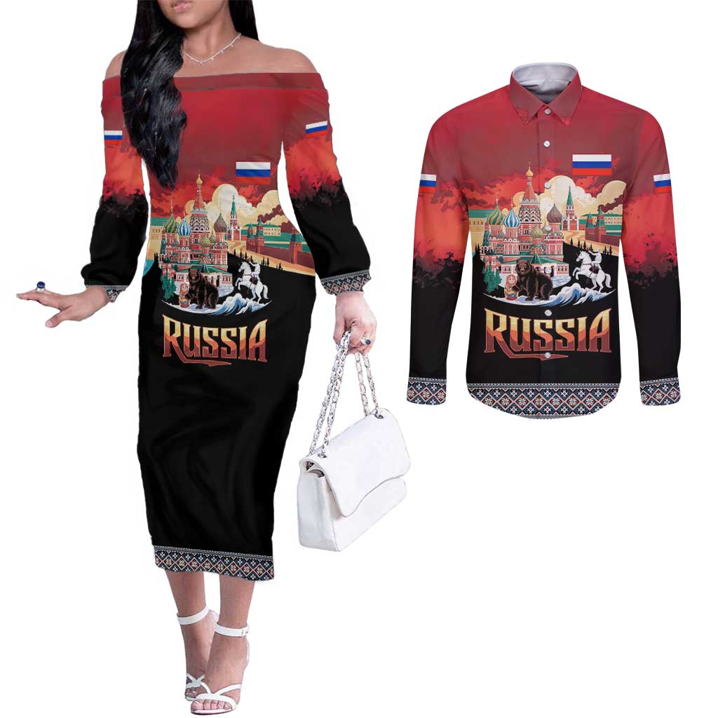 Russia Flag Red and Black Pullover Couples Matching Off The Shoulder Long Sleeve Dress and Long Sleeve Button Shirt with Moscow Skyline Bear and Horse Design