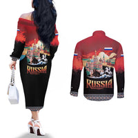 Russia Flag Red and Black Pullover Couples Matching Off The Shoulder Long Sleeve Dress and Long Sleeve Button Shirt with Moscow Skyline Bear and Horse Design