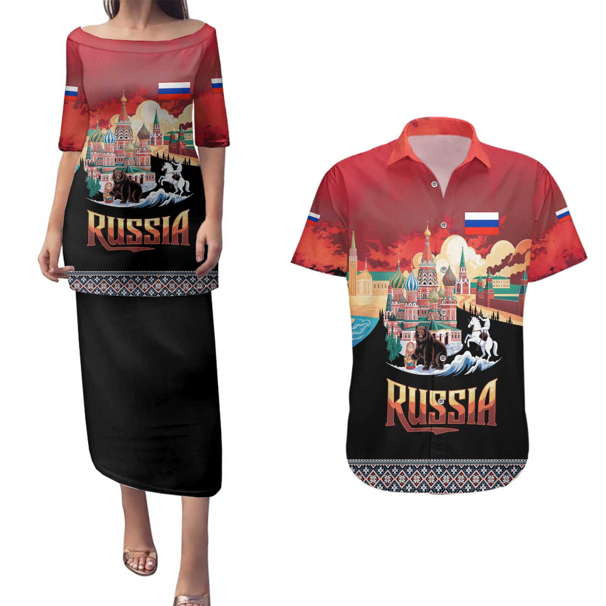 Russia Flag Red and Black Pullover Couples Matching Puletasi and Hawaiian Shirt with Moscow Skyline Bear and Horse Design