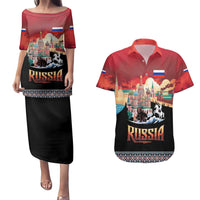 Russia Flag Red and Black Pullover Couples Matching Puletasi and Hawaiian Shirt with Moscow Skyline Bear and Horse Design