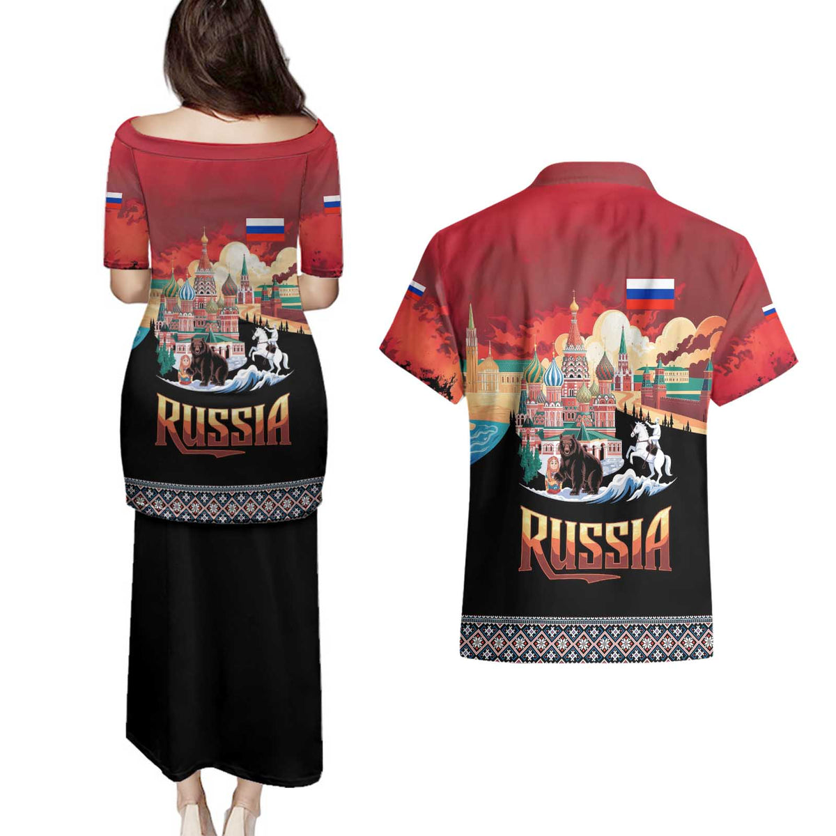 Russia Flag Red and Black Pullover Couples Matching Puletasi and Hawaiian Shirt with Moscow Skyline Bear and Horse Design
