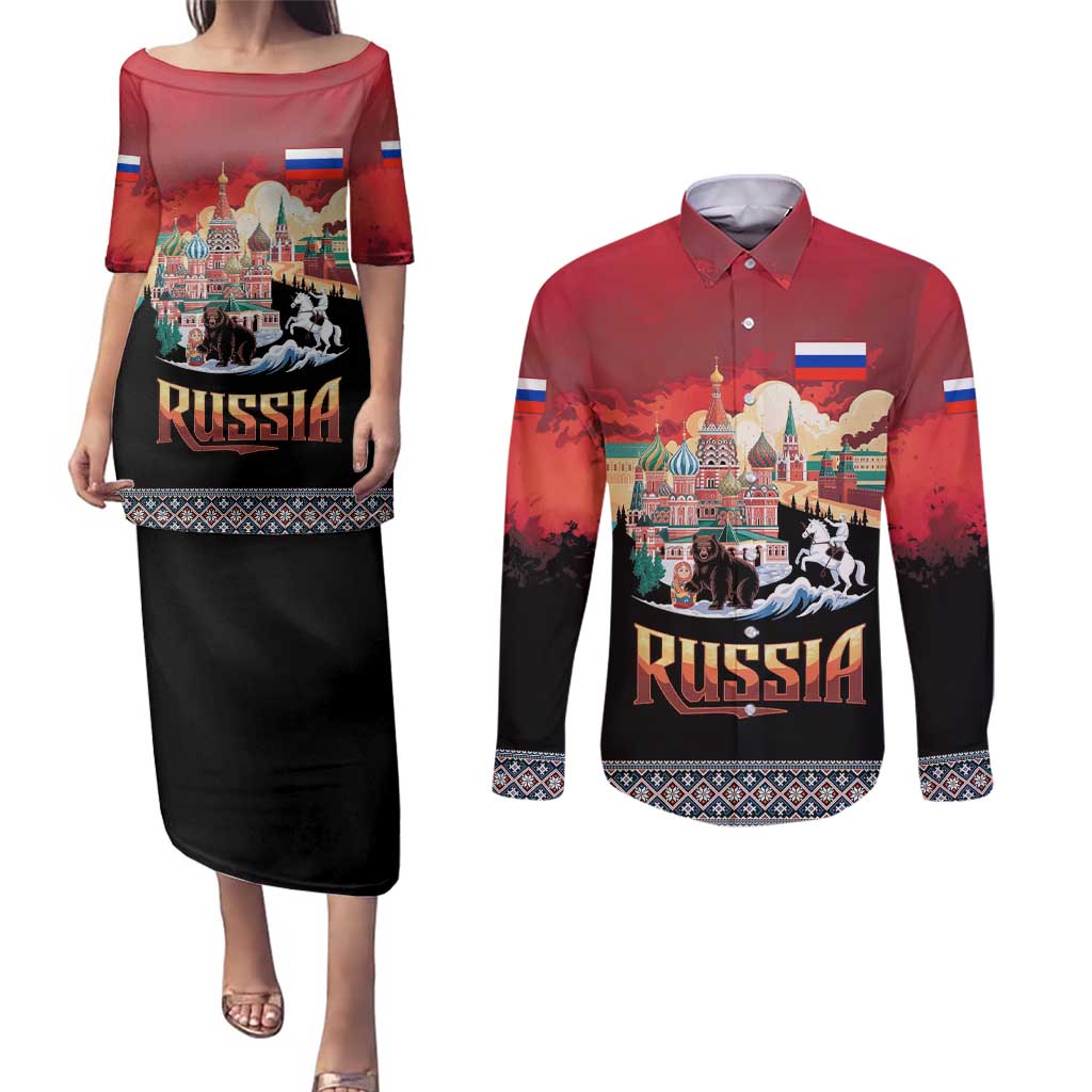 Russia Flag Red and Black Pullover Couples Matching Puletasi and Long Sleeve Button Shirt with Moscow Skyline Bear and Horse Design
