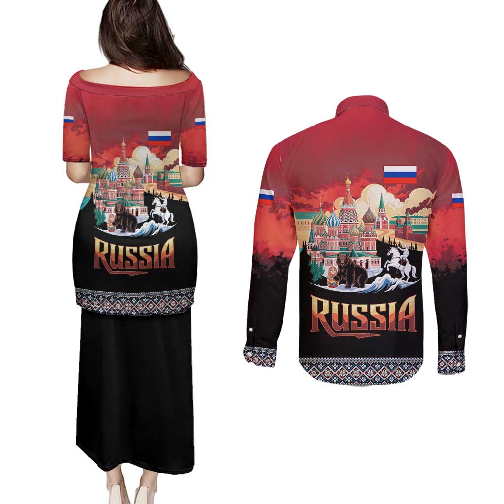 Russia Flag Red and Black Pullover Couples Matching Puletasi and Long Sleeve Button Shirt with Moscow Skyline Bear and Horse Design