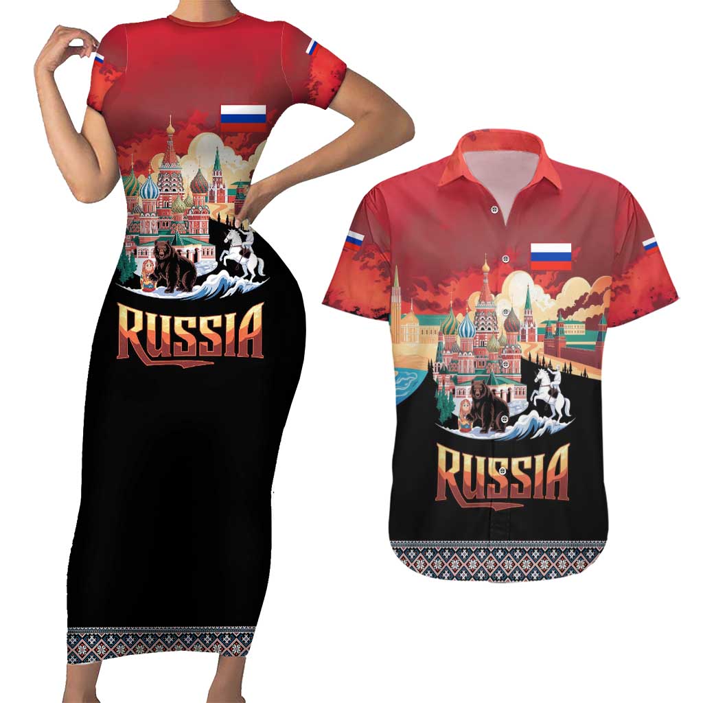 Russia Flag Red and Black Pullover Couples Matching Short Sleeve Bodycon Dress and Hawaiian Shirt with Moscow Skyline Bear and Horse Design
