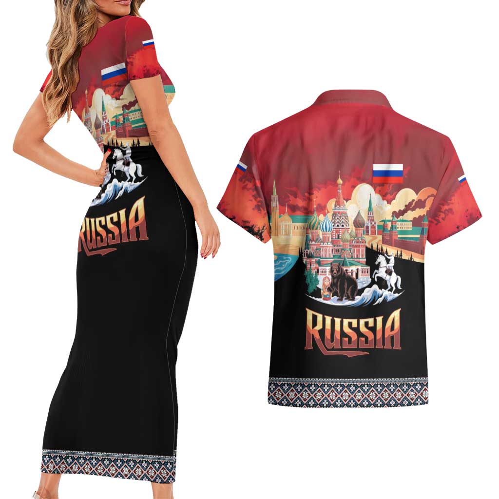 Russia Flag Red and Black Pullover Couples Matching Short Sleeve Bodycon Dress and Hawaiian Shirt with Moscow Skyline Bear and Horse Design