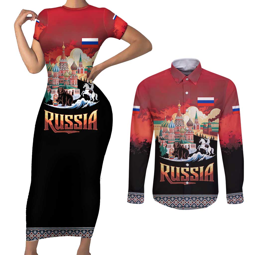 Russia Flag Red and Black Pullover Couples Matching Short Sleeve Bodycon Dress and Long Sleeve Button Shirt with Moscow Skyline Bear and Horse Design