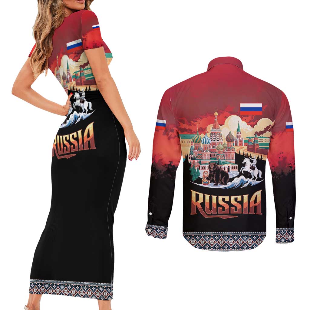 Russia Flag Red and Black Pullover Couples Matching Short Sleeve Bodycon Dress and Long Sleeve Button Shirt with Moscow Skyline Bear and Horse Design