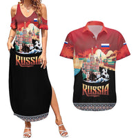 Russia Flag Red and Black Pullover Couples Matching Summer Maxi Dress and Hawaiian Shirt with Moscow Skyline Bear and Horse Design