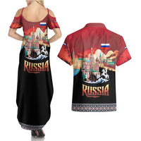 Russia Flag Red and Black Pullover Couples Matching Summer Maxi Dress and Hawaiian Shirt with Moscow Skyline Bear and Horse Design