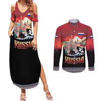 Russia Flag Red and Black Pullover Couples Matching Summer Maxi Dress and Long Sleeve Button Shirt with Moscow Skyline Bear and Horse Design