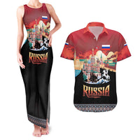 Russia Flag Red and Black Pullover Couples Matching Tank Maxi Dress and Hawaiian Shirt with Moscow Skyline Bear and Horse Design