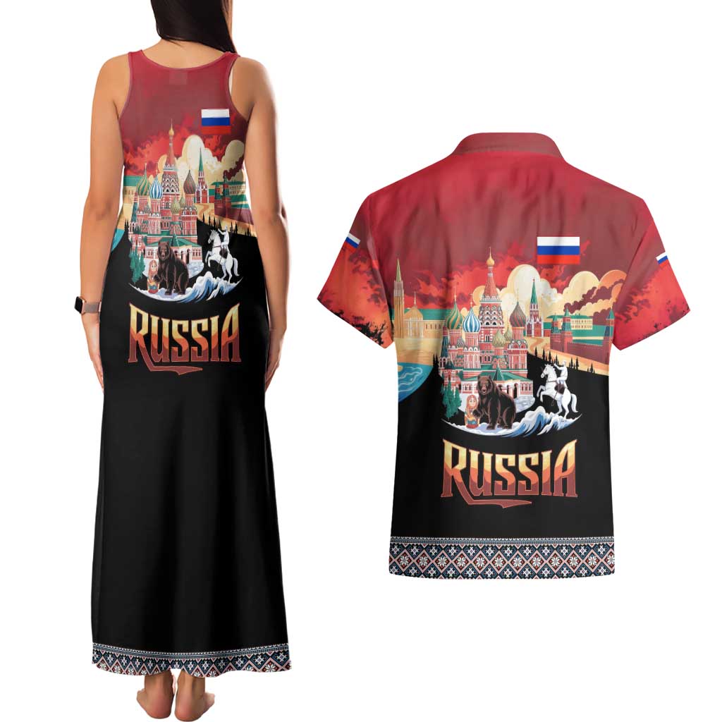 Russia Flag Red and Black Pullover Couples Matching Tank Maxi Dress and Hawaiian Shirt with Moscow Skyline Bear and Horse Design