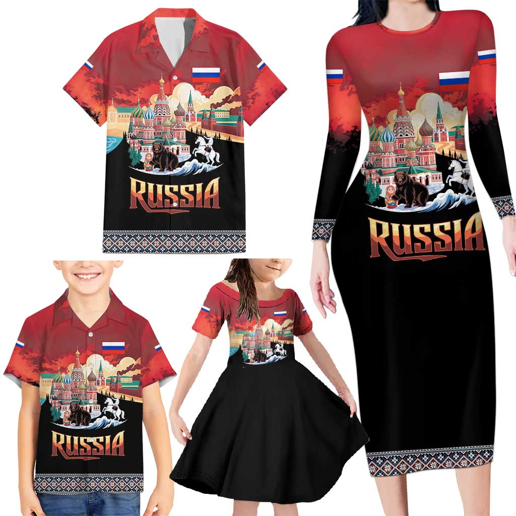 Russia Flag Red and Black Pullover Family Matching Long Sleeve Bodycon Dress and Hawaiian Shirt with Moscow Skyline Bear and Horse Design