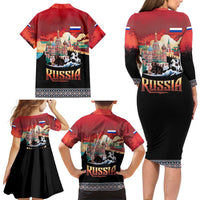 Russia Flag Red and Black Pullover Family Matching Long Sleeve Bodycon Dress and Hawaiian Shirt with Moscow Skyline Bear and Horse Design