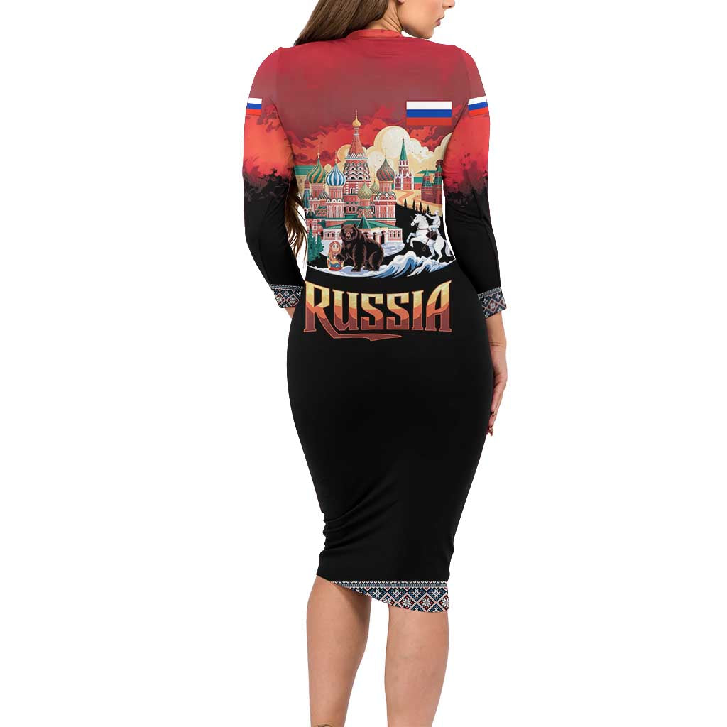 Russia Flag Red and Black Pullover Family Matching Long Sleeve Bodycon Dress and Hawaiian Shirt with Moscow Skyline Bear and Horse Design