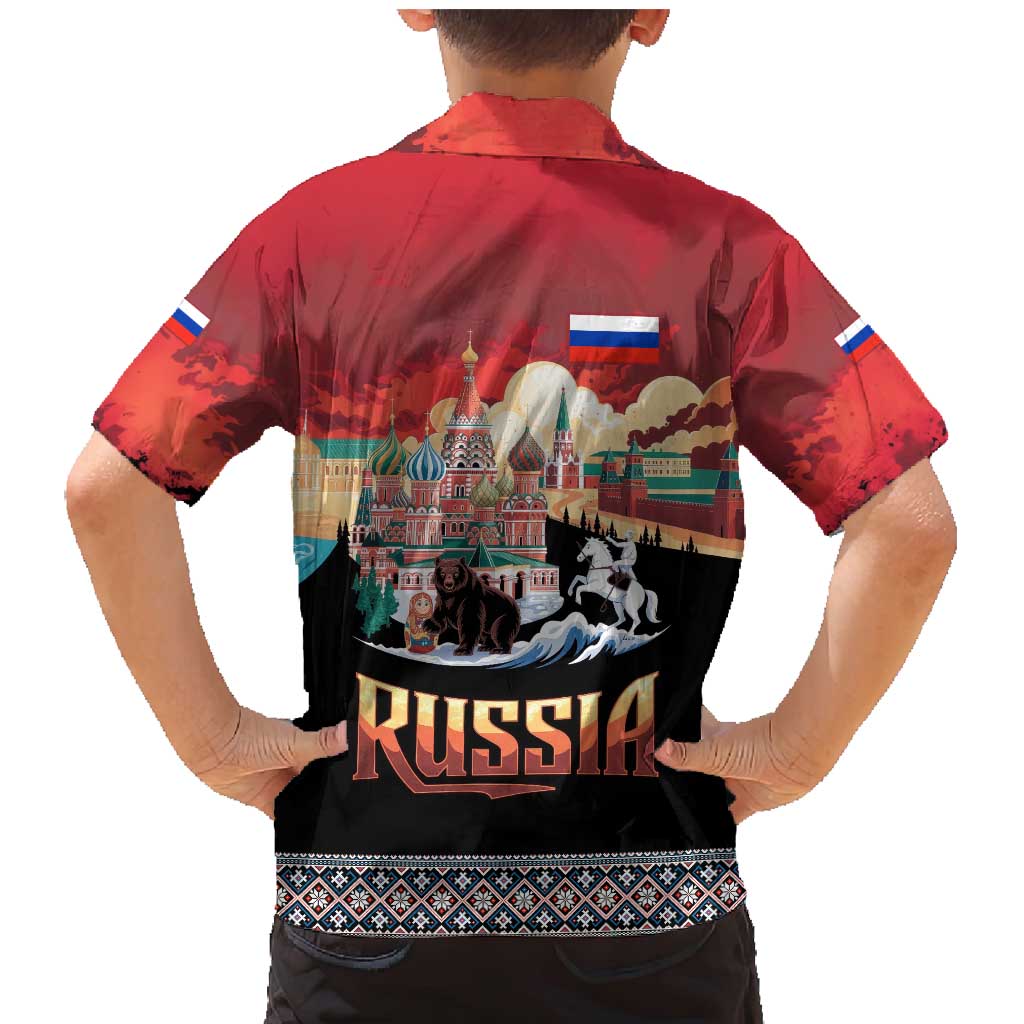 Russia Flag Red and Black Pullover Family Matching Mermaid Dress and Hawaiian Shirt with Moscow Skyline Bear and Horse Design