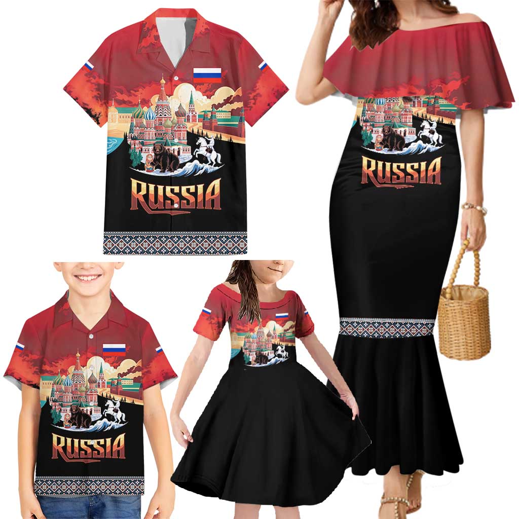 Russia Flag Red and Black Pullover Family Matching Mermaid Dress and Hawaiian Shirt with Moscow Skyline Bear and Horse Design