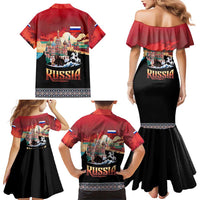 Russia Flag Red and Black Pullover Family Matching Mermaid Dress and Hawaiian Shirt with Moscow Skyline Bear and Horse Design