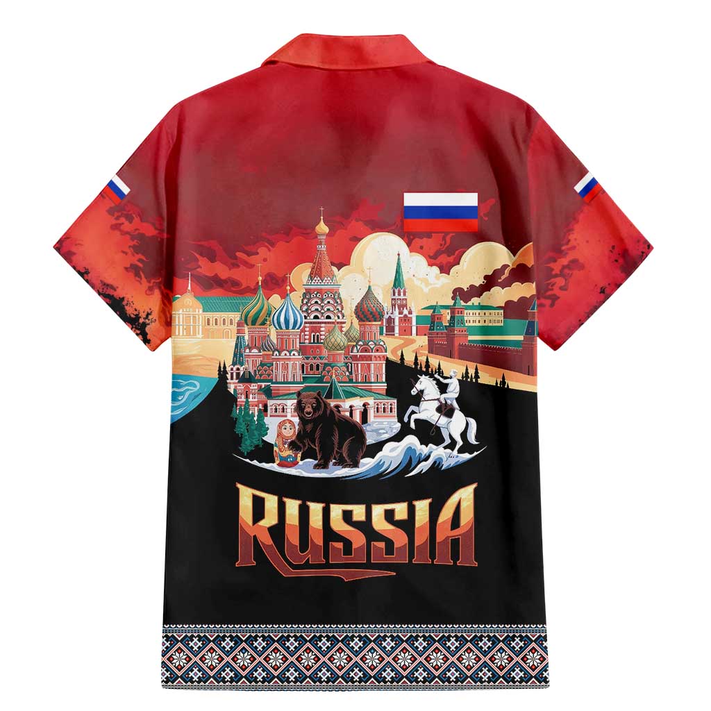 Russia Flag Red and Black Pullover Family Matching Mermaid Dress and Hawaiian Shirt with Moscow Skyline Bear and Horse Design