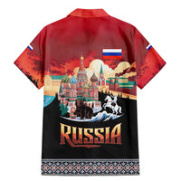 Russia Flag Red and Black Pullover Family Matching Mermaid Dress and Hawaiian Shirt with Moscow Skyline Bear and Horse Design