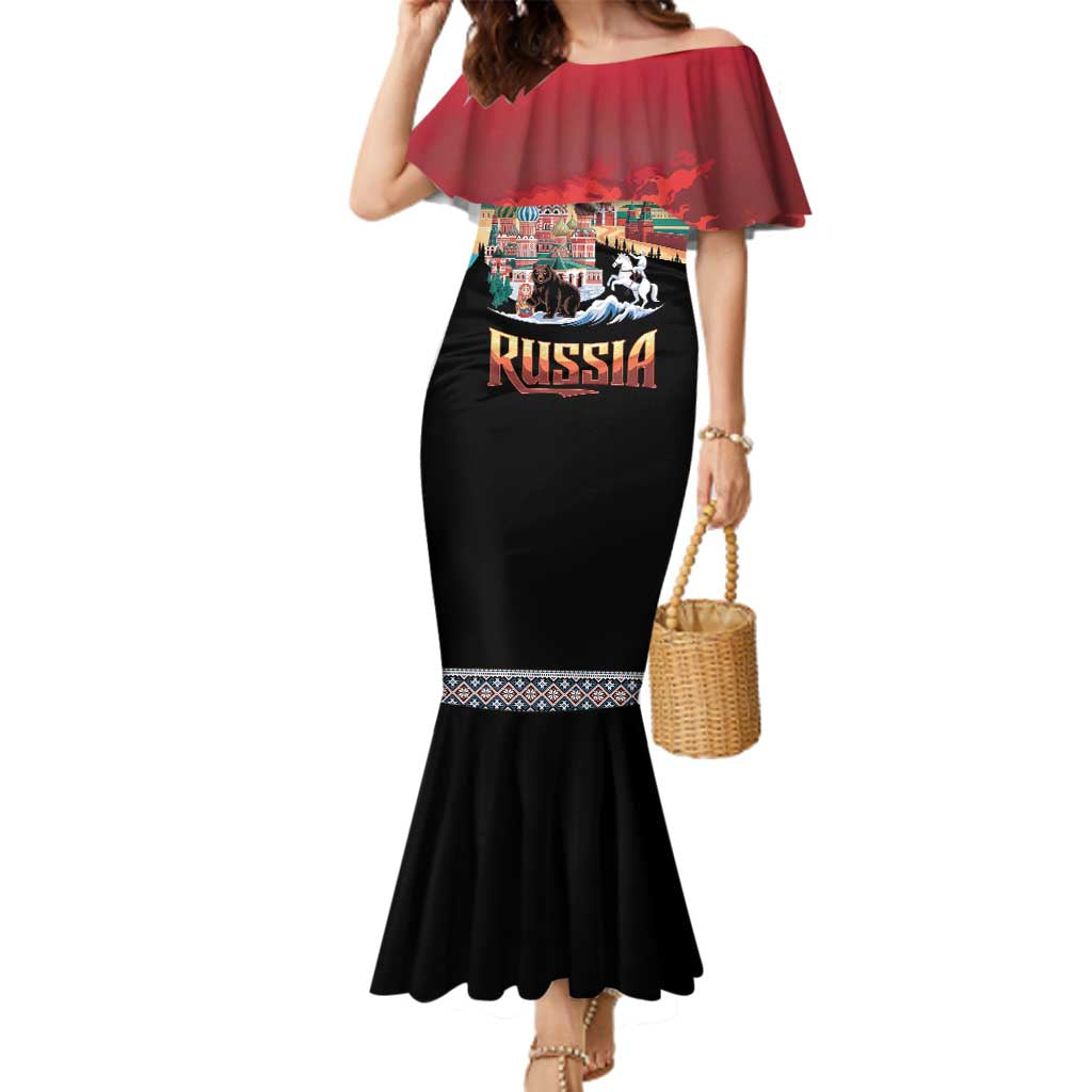 Russia Flag Red and Black Pullover Family Matching Mermaid Dress and Hawaiian Shirt with Moscow Skyline Bear and Horse Design